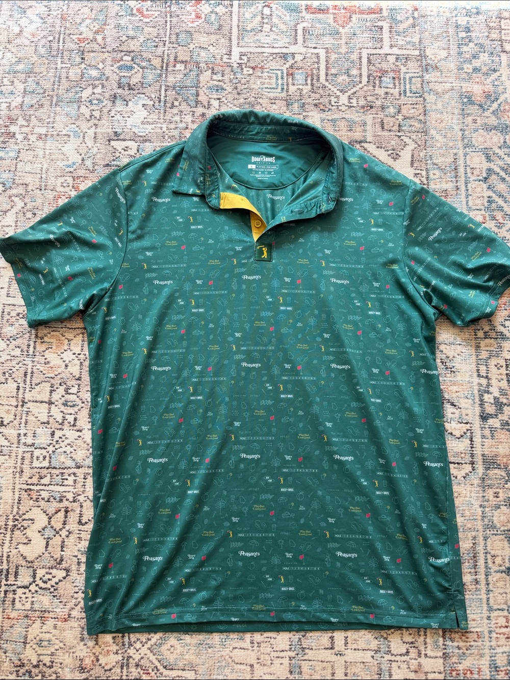 Bogey Bros Golf Co Mens L Green Peasants Print Performance Polo Shirt